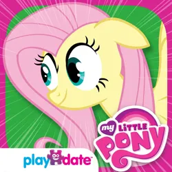 Size: 1024x1024 | Tagged: safe, derpibooru import, fluttershy, pegasus, pony, app icon, female, floppy ears, g4, image, mare, my little pony logo, my little pony: fluttershy's famous stare, playdate digital, png, smiling, solo, spread wings, stare, wide eyes, wings