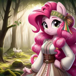 Size: 1024x1024 | Tagged: prompter needed, safe, ai content, derpibooru import, machine learning generated, pinkie pie, cyrillic, forest, image, jpeg, nature, russian, slavic, solo, tree