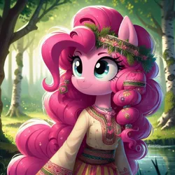 Size: 1024x1024 | Tagged: prompter needed, safe, ai content, derpibooru import, machine learning generated, pinkie pie, cyrillic, forest, image, jpeg, nature, russian, slavic, solo, tree, water