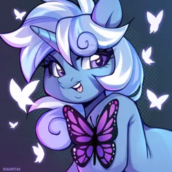Size: 2600x2600 | Tagged: safe, artist:sugarstar, derpibooru import, oc, butterfly, insect, pony, unicorn, female, horn, icon, image, mare, not trixie, open mouth, open smile, png, raised hoof, smiling, solo