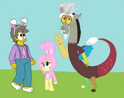 Size: 3181x2525 | Tagged: safe, artist:haileykitty69, derpibooru import, discord, fluttershy, draconequus, human, pegasus, pony, bipedal, crossover, crossover shipping, discoshymour, dismour, easter, female, fluttermour, holiday, image, male, png, seymour skinner, shipping, straight, the simpsons