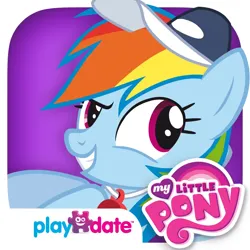 Size: 1024x1024 | Tagged: safe, derpibooru import, rainbow dash, pegasus, pony, may the best pet win, app icon, female, g4, grin, hat, image, looking back, mare, my little pony logo, my little pony: best pet, playdate digital, png, smiling, solo, whistle, whistle necklace