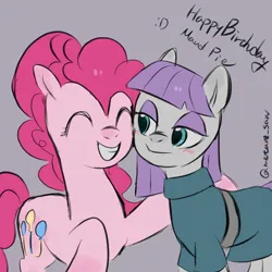 Size: 4096x4096 | Tagged: safe, artist:metaruscarlet, derpibooru import, maud pie, pinkie pie, earth pony, pony, :d, birthday, blushing, clothes, cutie mark, english, happy birthday, image, looking at each other, looking at someone, open mouth, open smile, png, purple background, simple background, smiling, smiling at each other