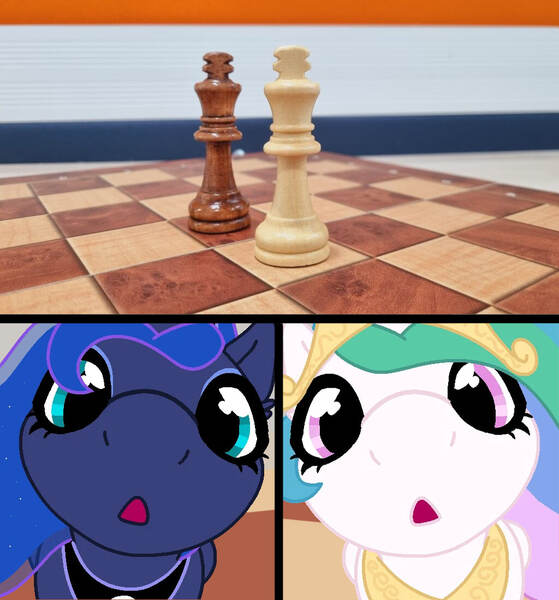 Size: 1024x1100 | Tagged: artist needed, source needed, safe, artist:falses, derpibooru import, princess celestia, princess luna, alicorn, pony, :o, chess, close-up, crown, female, fisheye lens, image, jewelry, jpeg, looking at each other, looking at someone, looking at you, mare, offscreen character, open mouth, peytral, pov, regalia, royal sisters, siblings, sisters, wait that's illegal