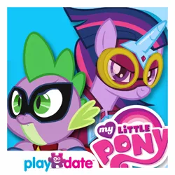 Size: 1024x1024 | Tagged: safe, derpibooru import, spike, twilight sparkle, alicorn, dragon, pony, power ponies (episode), app icon, clothes, costume, domino mask, duo, duo male and female, female, g4, goggles, horn, humdrum costume, image, looking at you, male, mare, mask, masked matter-horn costume, my little pony logo, my little pony: power ponies, playdate digital, png