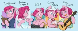 Size: 6938x2810 | Tagged: safe, artist:chub-wub, derpibooru import, pinkie pie, earth pony, pony, alternate hairstyle, apron, blue background, bracelet, candy, clipboard, clothes, cute, diapinkes, dress, ear piercing, earpiece, earring, female, flannel, food, guitar, headphones, image, jewelry, jpeg, mare, musical instrument, pencil, personality swap, piercing, role reversal, shirt, simple background, solo, suit, turntable, wristband