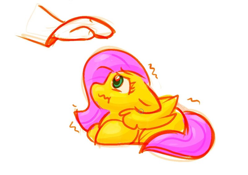 Size: 1094x773 | Tagged: safe, artist:zutcha, derpibooru import, fluttershy, human, pegasus, pony, cute, disembodied hand, female, floppy ears, hand, image, jpeg, looking up, lying down, mare, nervous, ponyloaf, prone, shivering, shyabetes, wavy mouth