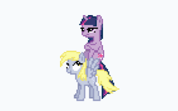 Size: 353x221 | Tagged: safe, derpibooru import, derpy hooves, twilight sparkle, pony, april fools 2024, desktop ponies, image, pixel art, png, ponies riding ponies, riding, sprite