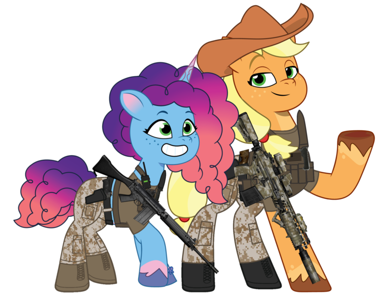 Size: 2948x2289 | Tagged: safe, artist:edy_january, artist:prixy05, derpibooru import, edit, vector edit, applejack, earth pony, pony, unicorn, g5, my little pony: tell your tale, applejack's hat, armor, assault rifle, battle rifle, belt, body armor, boots, call of duty, call of duty: warzone, canada, canadian, clothes, colt python, combat knife, cowboy hat, duo, duo female, equipment, female, fn fal, g4, gears, gun, handgun, hat, horn, image, knife, marine, marines, military, military pony, military uniform, misty and her 2nd heroine, misty brightdawn, p220, pistol, png, radio, revolver, rifle, shirt, shoes, simple background, soldier, soldier pony, special forces, tactical squad, tactical vest, tanktop, task forces 141, transparent background, uniform, united states, us army, usmc, vector, vest, weapon, wild west, xm7