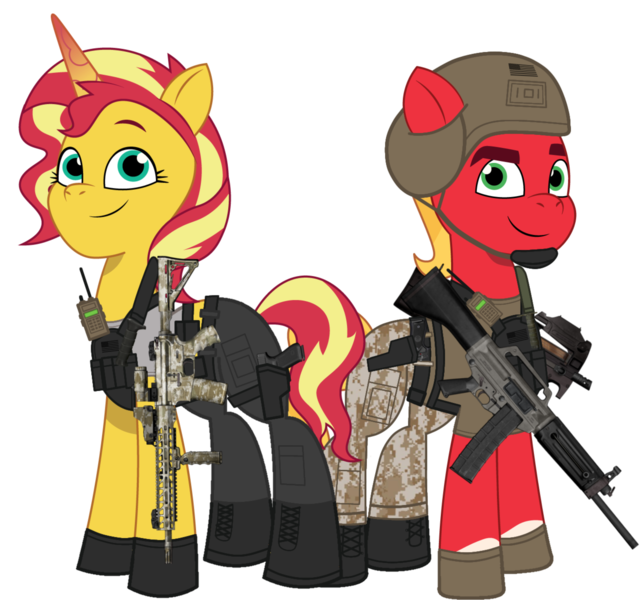 Size: 2441x2289 | Tagged: safe, artist:edy_january, artist:prixy05, derpibooru import, edit, vector edit, sprout cloverleaf, sunset shimmer, ponified, earth pony, pony, unicorn, equestria girls, equestria girls series, g5, my little pony: tell your tale, ar15, armor, assault rifle, black pants, body armor, boots, call of duty, call of duty: warzone, clothes, combat knife, delta forces, duo, duo male and female, equestria girls ponified, equipment, female, g4, g4 to g5, gears, generation leap, glock 17, gloves, grey shirt, gun, handgun, helmet, horn, image, knife, m4a1, male, marine, marines, military, military pants, military pony, military uniform, p220, p226, p90, pistol, png, radio, rifle, shirt, shoes, shotgun, simple background, soldier, soldier pony, special forces, sprout and his heroine, submachinegun, tactical vest, tanktop, task forces 141, transparent background, uniform, us army, usas-12, usmc, vector, vest, weapon