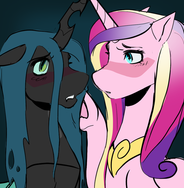 Size: 980x1000 | Tagged: safe, artist:0liiver, derpibooru import, princess cadance, queen chrysalis, alicorn, changeling, female, image, infidelity, lesbian, png, ship:cadalis, shipping, unfinished art, wip