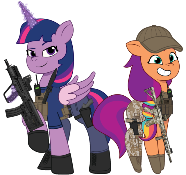 Size: 2441x2289 | Tagged: safe, artist:edy_january, artist:prixy05, derpibooru import, edit, vector edit, sunny starscout, twilight sparkle, twilight sparkle (alicorn), alicorn, earth pony, pony, g5, my little pony: tell your tale, ar15, armor, assault rifle, body armor, boots, bullpup rifle, call of duty, call of duty: warzone, camouflage, captain twilight, clothes, combat knife, delta forces, duo, duo female, equipment, female, g4, g4 to g5, gears, generation leap, gloves, gun, handgun, hat, image, john "soap" mactavish, knife, leader, m1911, m4a1, mateba 2006m, mateba model 6 unica, military, military pony, military uniform, mtar-21, pistol, png, radio, revolver, rifle, shirt, shoes, simple background, soldier, soldier pony, special forces, sunny and her heroine, tactical, tactical squad, tactical vest, tanktop, tar-21, task forces 141, transparent background, uniform, united states, vector, vest, weapon