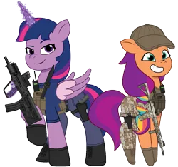 Size: 2441x2289 | Tagged: safe, artist:edy_january, artist:prixy05, derpibooru import, edit, vector edit, sunny starscout, twilight sparkle, twilight sparkle (alicorn), alicorn, earth pony, pony, g5, my little pony: tell your tale, ar15, armor, assault rifle, body armor, boots, bullpup rifle, call of duty, call of duty: warzone, camouflage, captain twilight, clothes, combat knife, delta forces, duo, duo female, equipment, female, g4, g4 to g5, gears, generation leap, gloves, gun, handgun, hat, image, john "soap" mactavish, knife, leader, m1911, m4a1, mateba 2006m, mateba model 6 unica, military, military pony, military uniform, mtar-21, pistol, png, radio, revolver, rifle, shirt, shoes, simple background, soldier, soldier pony, special forces, sunny and her heroine, tactical, tactical squad, tactical vest, tanktop, tar-21, task forces 141, transparent background, uniform, united states, vector, vest, weapon