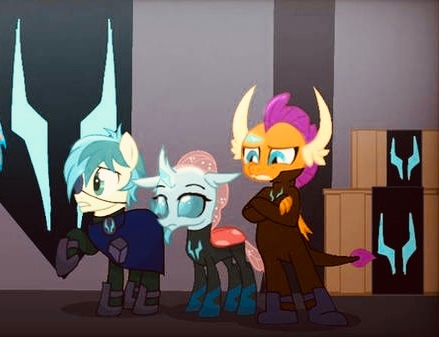 Size: 439x337 | Tagged: safe, artist:pinksuharia, derpibooru import, ocellus, sandbar, smolder, changedling, changeling, dragon, earth pony, comic:the storm kingdom, alternate universe, bad end, clothes, crystal of light, dragoness, eyepatch, female, image, indoctrination, insignia, jpeg, military uniform, show accurate, the bad guy wins, uniform