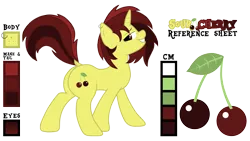 Size: 2048x1152 | Tagged: safe, derpibooru import, oc, oc:sour cherry, unofficial characters only, pony, unicorn, brown eyes, color palette, dock, ear piercing, earring, female, freckles, horn, image, jewelry, lidded eyes, looking back, mare, messy mane, oc focus, piercing, png, profile, raised tail, red mane, red tail, reference sheet, simple background, smiling, solo, strut, strutting, tail, transparent background, upturned nose, yellow coat