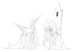 Size: 2048x1398 | Tagged: safe, artist:iheyyasyfox, derpibooru import, twilight sparkle, twilight sparkle (alicorn), oc, oc:stella alba nyx, alicorn, pony, alicorn oc, black and white, duo, duo female, female, filly, foal, friendship throne, grayscale, horn, image, levitation, long legs, magic, mare, monochrome, mother and child, mother and daughter, offspring, parent:flash sentry, parent:twilight sparkle, parents:flashlight, png, simple background, sketch, telekinesis, twilight sparkle is not amused, unamused, white background, wings