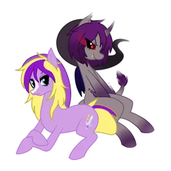 Size: 2000x2000 | Tagged: safe, artist:bonedustz, derpibooru import, ponified, alicorn, bat pony, bat pony alicorn, earth pony, pony, bat wings, blaze (coat marking), coat markings, colored wings, crossed hooves, dark link, duo, duo male, eye clipping through hair, facial markings, fangs, folded wings, glow, glowing eyes, gradient lges, gradient mane, gray coat, high res, horn, image, leonine tail, lidded eyes, long mane, long mane male, long tail, looking at each other, looking at someone, lying, male, png, purple coat, purple mane, red eyes, shadow link, simple background, sitting, smiling, smiling at each other, stallion, tail, the legend of zelda, the legend of zelda: four swords, transparent background, two toned amne, two toned tail, vio, wingding eyes, wings