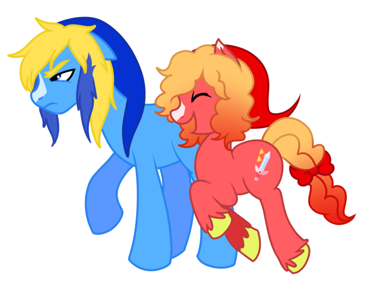 Size: 2000x1571 | Tagged: safe, artist:bonedustz, derpibooru import, ponified, earth pony, pony, blaze (coat marking), blonde mane, blue coat, blue eyes, cap, coat markings, colored hooves, curly mane, curly tail, duo, duo male, eyes closed, facial markings, frown, gradient mane, gradient tail, hat, height difference, image, jumping, link, male, narrowed eyes, open mouth, open smile, physique difference, png, raised hoof, red coat, simple background, smiling, stallion, tail, the legend of zelda, the legend of zelda: four swords, tied tail, transparent background, two toned mane, unamused, unshorn fetlocks, wingding eyes, yellow mane