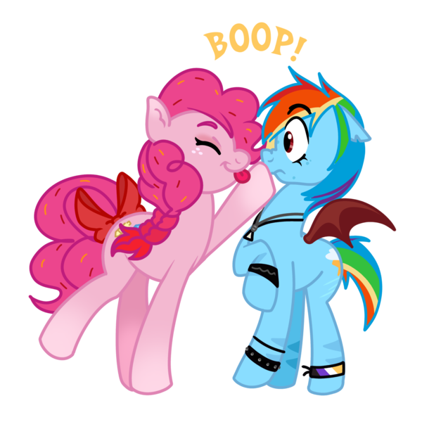Size: 2000x2000 | Tagged: safe, artist:bonedustz, derpibooru import, pinkie pie, rainbow dash, bat pony, earth pony, pony, alternate design, alternate eye color, alternate hairstyle, art trade, bat ponified, blue coat, boop, bow, bracelet, braid, colored eartips, colored eyebrows, colored wings, curly mane, curly tail, ear fluff, eye clipping through hair, eyebrows, eyebrows visible through hair, eyes closed, eyeshadow, female, freckles, frown, g4, gender headcanon, gradient legs, image, jewelry, lesbian, makeup, mare, multicolored hair, necklace, nonbinary, nonbinary pride flag, pink coat, pinkiedash, png, pride, pride flag, profile, race swap, rainbow hair, rainbow tail, rainbowbat, red eyes, shipping, smiling, spread wings, stripes, studded bracelet, tail, tail bow, tied mane, tied tail, tongue out, torn ear, two toned wings, wingding eyes, wings, wristband