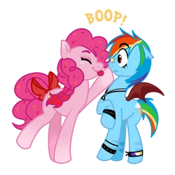 Size: 2000x2000 | Tagged: safe, artist:bonedustz, derpibooru import, pinkie pie, rainbow dash, bat pony, earth pony, pony, alternate design, alternate eye color, alternate hairstyle, art trade, bat ponified, blue coat, boop, bow, bracelet, braid, colored eartips, colored eyebrows, colored wings, curly mane, curly tail, ear fluff, eye clipping through hair, eyebrows, eyebrows visible through hair, eyes closed, eyeshadow, female, freckles, frown, g4, gender headcanon, gradient legs, image, jewelry, lesbian, makeup, mare, multicolored hair, necklace, nonbinary, nonbinary pride flag, pink coat, pinkiedash, png, pride, pride flag, profile, race swap, rainbow hair, rainbow tail, rainbowbat, red eyes, shipping, smiling, spread wings, stripes, studded bracelet, tail, tail bow, tied mane, tied tail, tongue out, torn ear, two toned wings, wingding eyes, wings, wristband