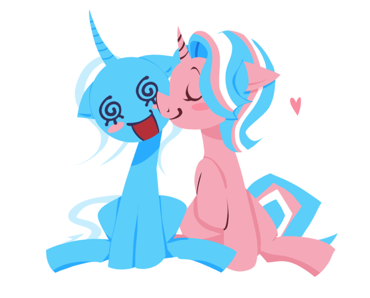 Size: 944x759 | Tagged: safe, artist:bonedustz, derpibooru import, starlight glimmer, trixie, pony, unicorn, alternate mane color, alternate tail color, blue coat, blush sticker, blushing, countershading, curved horn, duo, duo female, eyes closed, female, floating heart, heart, horn, image, kiss on the cheek, kissing, lesbian, lineless, long mane, long tail, mare, open mouth, open smile, png, pride, pride flag, profile, raised hoof, shipping, simple background, sitting, smiling, startrix, swirly eyes, t4t, tail, trans day of visibility, trans female, trans trixie, transgender, transgender pride flag, transparent background, two toned mane, two toned tail, unicorn horn, white mane
