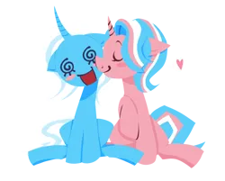 Size: 944x759 | Tagged: safe, artist:bonedustz, derpibooru import, starlight glimmer, trixie, pony, unicorn, alternate mane color, alternate tail color, blue coat, blush sticker, blushing, countershading, curved horn, duo, duo female, eyes closed, female, floating heart, heart, horn, image, kiss on the cheek, kissing, lesbian, lineless, long mane, long tail, mare, open mouth, open smile, png, pride, pride flag, profile, raised hoof, shipping, simple background, sitting, smiling, startrix, swirly eyes, t4t, tail, trans day of visibility, trans female, trans trixie, transgender, transgender pride flag, transparent background, two toned mane, two toned tail, unicorn horn, white mane
