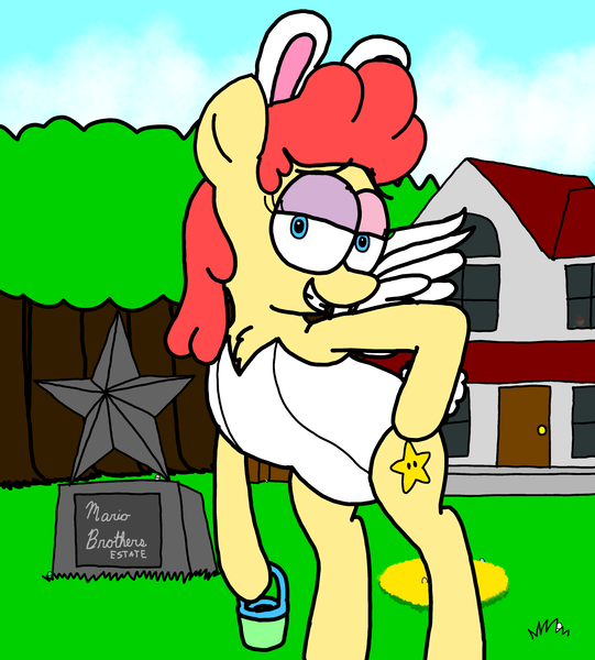 Size: 3023x3351 | Tagged: safe, artist:professorventurer, derpibooru import, oc, oc:power star, pegasus, bunny suit, chubby, clothes, easter, easter egg, estate, every copy of super mario 64 is personalized, eyeshadow, holiday, image, leotard, makeup, pegasus oc, playboy bunny, png, rule 85, statue, super mario 64, super mario bros., when you see it, white leotard, wings
