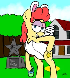 Size: 3023x3351 | Tagged: safe, artist:professorventurer, derpibooru import, oc, oc:power star, pegasus, bunny suit, chubby, clothes, easter, easter egg, estate, every copy of super mario 64 is personalized, eyeshadow, holiday, image, leotard, makeup, pegasus oc, playboy bunny, png, rule 85, statue, super mario 64, super mario bros., when you see it, white leotard, wings