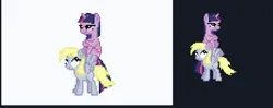 Size: 563x224 | Tagged: safe, derpibooru import, derpy hooves, twilight sparkle, pony, animated, april fools, april fools 2024, desktop ponies, female, image, pixel art, png, ponies riding ponies, replica, riding, sprite