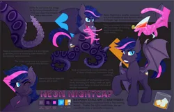Size: 1230x799 | Tagged: safe, artist:skulljooce, derpibooru import, oc, oc:neon nightcap, bat pony, monster pony, original species, pony, tentacle pony, alcohol, bartender, drink, fangs, image, male, mandibles, png, reference sheet, solo, suction cup, tentacles