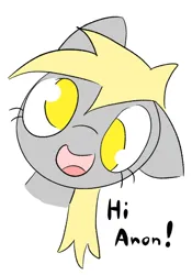Size: 390x556 | Tagged: safe, artist:castafae, derpibooru import, derpy hooves, pegasus, pony, bust, dialogue, female, floppy ears, image, implied anon, mare, open mouth, open smile, png, simple background, smiling, solo, white background