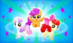 Size: 1280x750 | Tagged: safe, artist:jessesharla1999, derpibooru import, apple bloom, scootaloo, sweetie belle, earth pony, pegasus, pony, unicorn, cutie mark crusaders, g4, horn, image, movie accurate, png