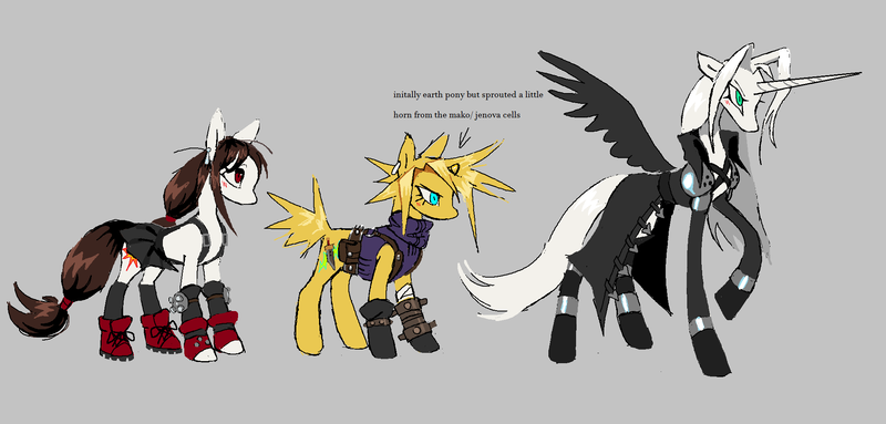 Size: 2058x984 | Tagged: safe, artist:worm, derpibooru import, ponified, alicorn, earth pony, pony, unicorn, armor, boots, clothes, cloud strife, ear piercing, earring, female, final fantasy, final fantasy vii, gloves, gray background, horn, image, jewelry, male, mare, piercing, png, sephiroth, shoes, simple background, spread wings, stallion, tifa lockhart, trenchcoat, wings