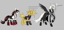 Size: 2058x984 | Tagged: safe, artist:worm, derpibooru import, ponified, alicorn, earth pony, pony, unicorn, armor, boots, clothes, cloud strife, ear piercing, earring, female, final fantasy, final fantasy vii, gloves, gray background, horn, image, jewelry, male, mare, piercing, png, sephiroth, shoes, simple background, spread wings, stallion, tifa lockhart, trenchcoat, wings