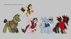Size: 1944x1067 | Tagged: safe, artist:worm, derpibooru import, ponified, alicorn, bat pony, earth pony, pegasus, pony, aerith gainsborough, barret wallace, bracelet, cid highwind, cigarette, clothes, ear piercing, earring, female, final fantasy, final fantasy vii, goggles, goggles on head, gray background, image, jewelry, lidded eyes, male, mare, minigun, open mouth, open smile, piercing, png, shirt, simple background, smiling, spread wings, stallion, vincent valentine, wings, yuffie kisaragi