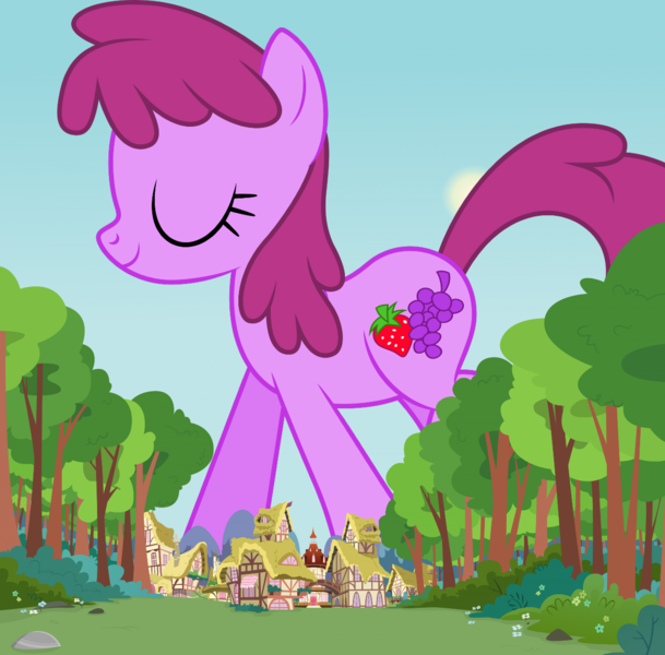 Size: 1280x1262 | Tagged: safe, artist:boneswolbach, artist:dashiesparkle, derpibooru import, edit, editor:jaredking779, berry punch, berryshine, earth pony, pony, background pony, eyes closed, female, g4, giant pony, giantess, houses, image, macro, mare, png, ponyville, smiling, solo, tree