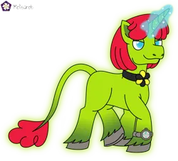 Size: 4414x4000 | Tagged: safe, artist:melisareb, derpibooru import, oc, oc:radiante radium, ponified, unofficial characters only, original species, pony, radioactive pony, unicorn, .svg available, absurd resolution, choker, element pony, female, glow, glowing horn, horn, image, leonine tail, lidded eyes, magic, magic aura, mare, png, radioactive, simple background, solo, tail, transparent background, unshorn fetlocks, vector, walking, watch