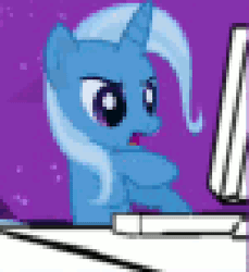 Size: 250x273 | Tagged: safe, derpibooru import, trixie, pony, unicorn, animated, blue coat, blue mane, computer, eyeroll, female, g4, gif, horn, image, low quality, lowres, monitor, pixelated, purple background, purple eyes, reaction gif, reaction image, simple background, solo, solo female, starry night, typing