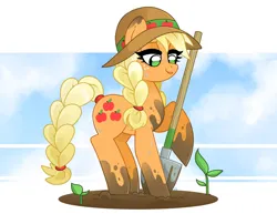 Size: 1750x1350 | Tagged: safe, artist:vivian reed, derpibooru import, applejack, earth pony, pony, alternate hairstyle, braid, braided tail, dirty, female, g4, hat, image, jpeg, lidded eyes, looking down, mare, plant, shovel, smiling, solo, sun hat, sweat, tail