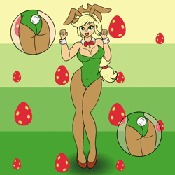 Size: 1600x1600 | Tagged: suggestive, artist:cybersquirrel, derpibooru import, part of a set, applejack, human, equestria girls, animated, bouncing, bouncing breasts, bowtie, breasts, bunny ears, bunny suit, cleavage, clothes, dancing, egg, g4, hat, high heels, image, loop, no sound, open mouth, open smile, shoes, smiling, webm