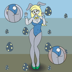 Size: 1600x1600 | Tagged: suggestive, artist:cybersquirrel, derpibooru import, part of a set, derpy hooves, human, equestria girls, animated, bouncing, bouncing breasts, bowtie, breasts, bunny ears, bunny suit, cleavage, clothes, dancing, egg, g4, high heels, image, loop, no sound, open mouth, open smile, shoes, smiling, webm