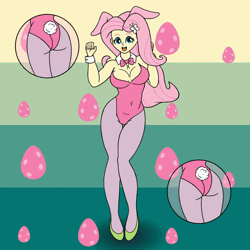 Size: 1600x1600 | Tagged: suggestive, artist:cybersquirrel, derpibooru import, part of a set, fluttershy, human, equestria girls, animated, bouncing, bouncing breasts, bowtie, breasts, bunny ears, bunny suit, cleavage, clothes, dancing, egg, g4, high heels, image, loop, no sound, open mouth, open smile, shoes, smiling, webm