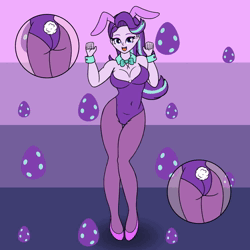Size: 1600x1600 | Tagged: suggestive, artist:cybersquirrel, derpibooru import, part of a set, starlight glimmer, human, equestria girls, animated, bouncing, bouncing breasts, bowtie, breasts, bunny ears, bunny suit, cleavage, clothes, dancing, egg, g4, high heels, image, loop, no sound, open mouth, open smile, shoes, smiling, webm