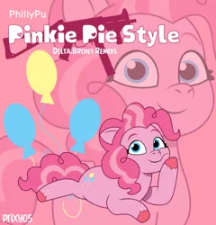 Size: 1194x1242 | Tagged: safe, artist:edy_january, artist:phillypu, artist:prixy05, derpibooru import, edit, editor:edy_january, vector edit, pinkie pie, earth pony, pony, g5, my little pony: tell your tale, album, album cover, cutie mark, delta brony, g4, g4 to g5, generation leap, gun, image, music, pink background, pinkie pie's cutie mark, png, remix, simple background, solo, song, submachinegun, ump45, vector, vector used, weapon