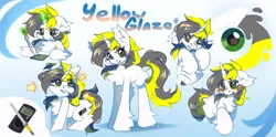 Size: 7751x3856 | Tagged: safe, artist:vanilla-chan, derpibooru import, oc, oc:yellowglaze, unofficial characters only, pony, unicorn, chest fluff, ear fluff, female, horn, image, magic, png, reference sheet, simple background, tail, telekinesis, two toned mane, two toned tail, unicorn oc