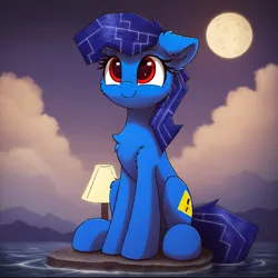 Size: 1024x1024 | Tagged: safe, ai content, derpibooru import, machine learning generated, stable diffusion, oc, oc:bluescreen pony, unofficial characters only, original species, pony, blue screen of death, cute, generator:pony diffusion v6 xl, image, lora model, moon, night, png, prompter:jasmindreasond, smiling, wrong eye shape