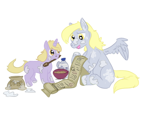 Size: 600x480 | Tagged: artist needed, safe, derpibooru import, derpy hooves, dinky hooves, pegasus, unicorn, baking, cooking, cute, female, food, g4, horn, image, mother and child, mother and daughter, muffin, png, simple background, tongue out, transparent background