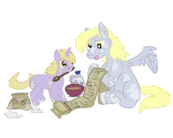 Size: 600x480 | Tagged: artist needed, safe, derpibooru import, derpy hooves, dinky hooves, pegasus, unicorn, baking, cooking, cute, female, food, g4, horn, image, mother and child, mother and daughter, muffin, png, simple background, tongue out, transparent background