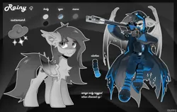 Size: 3000x1900 | Tagged: safe, artist:zlatavector, derpibooru import, oc, oc:rainy, unofficial characters only, bat pony, pony, bat pony oc, bat wings, clothes, commission, cutie mark, female, image, palette swap, png, recolor, reference sheet, solo, spread wings, weapon, wings