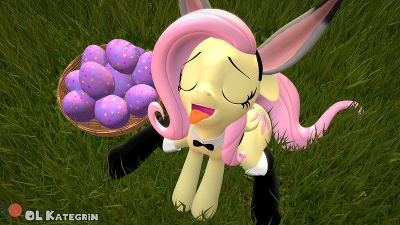 Size: 3840x2160 | Tagged: suggestive, artist:olkategrin, derpibooru import, fluttershy, pegasus, pony, 3d, ahegao, basket, bunny ears, bunny suit, bunnyshy, clothes, collar, cute, easter, easter basket, easter egg, egg, eyes closed, female, floppy ears, g4, grass, headband, high res, holiday, hooves, image, nipples, nudity, open mouth, playboy bunny, png, shadow, sitting, socks, solo, source filmmaker, tail, tail aside, teasing, text, tongue out, watermark, wide hips